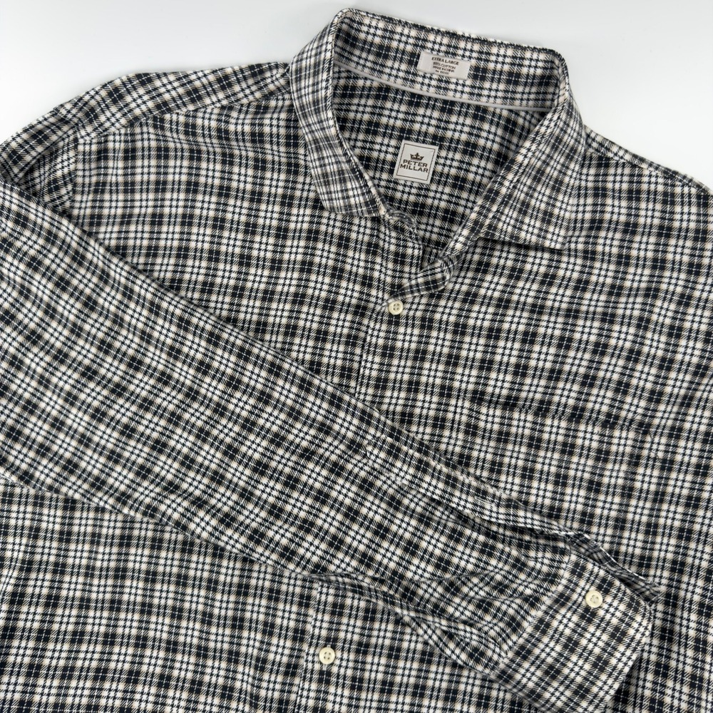 Peter Millar Mens XL Black Tan Plaid‎ Cotton Long Sleeve Button Down Shirt